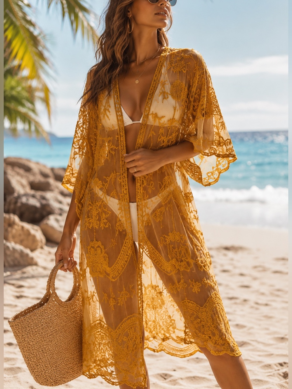Blue Rain Sheer Lace Embroidered Duster in Mustard Yellow Beach Coverup Medium
